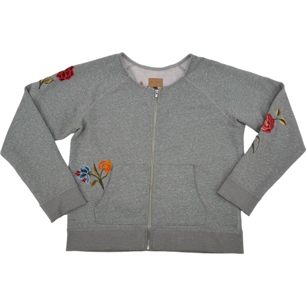 DRIFTWOOD Small Zip Up Hoodie Heathered Gray Floral Butterfly Embroidered Teddy - Picture 9 of 15